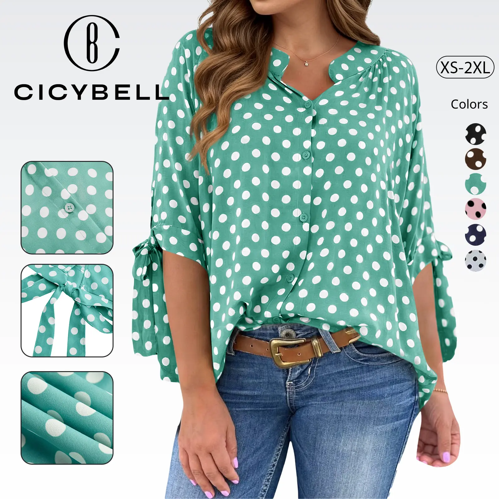Cicy Bell Womens Polka Dot Blouse V Neck Bow Tie Cuff Half Sleeve Tunic Loose Fit Summer Casual Button Down Pleated Tops