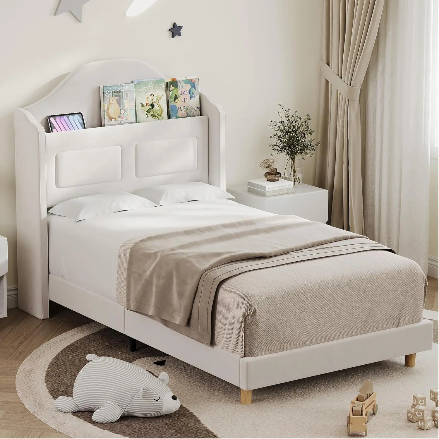 2 PCS Beige Upholstered Velvet Princess Twin Bed Frame with Wingback, Bookcase Headboard & LED Lights for Kids Boys Girls, Noise-Free, No Box Spring Needed, Easy Assembly