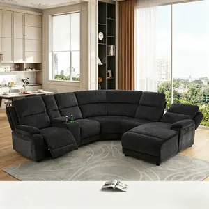 Modern Gray & Black Chenille 6-Piece Recliner Sofa Set, skin-friendly plush chenille texture, wear-resistant and fade-proof material, multi-angle reclining adjustable backrest, all-match neutral tone, perfect for large apartment and villa decoration