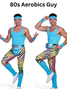 80s Aerobics Guy Costume for Men - Retro Neon Workout Outfit with Animal Print Leggings, Fanny Pack & Headband - 1980s Fitness Party Halloween Cosplay
