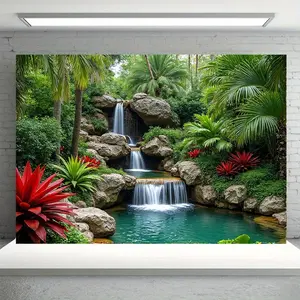 1PC,2D Flat Backdrop Tropical Waterfall Landscape Decorative Backdrop, Natural Green Plants & Rocks with Flowing Water Theme Tapestry, Festival Atmosphere Wall Decoration, for Living Room, Bedroom,
