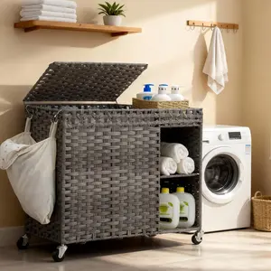 Laundry Hamper with Lid, 160L Rattan Wicker Laundry Basket with Wheels, Handwoven Laundry Hamper 2-Section with shelf(42.3 Gal), Laundry Sorter Basket with Removable Liner, Grey HLH032G
