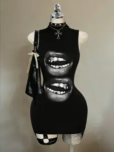 Gothic-Style Vest Dress With Double Lip Print, Y2K Style Gothic Mini Dress, Suitable for Street Style and Night Outings.