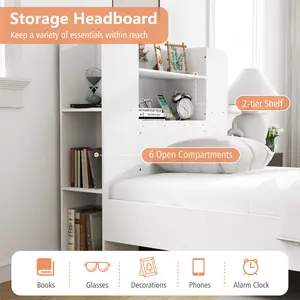 COSTWAY - Twin Size Wooden Platform Bed Frame with Bookcase Headboard-White