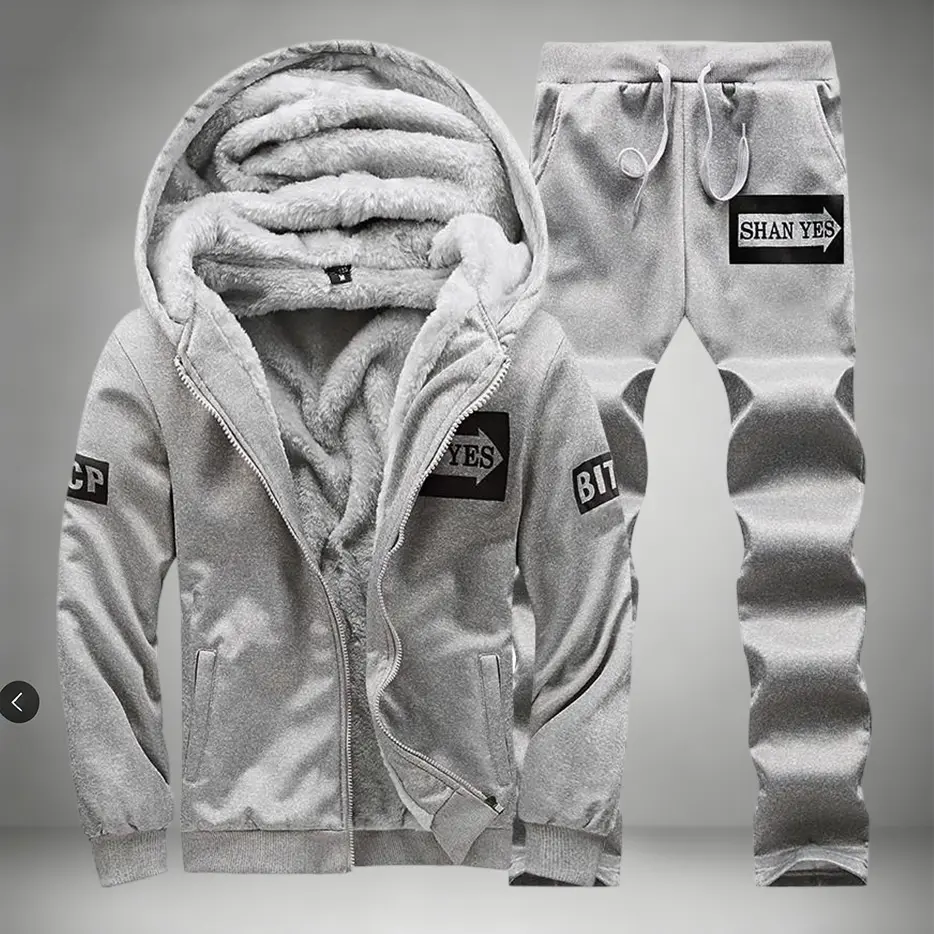 Two Piece Set Men's Winter Casual Sports Suit - Thick Fleece Lined Hooded Jacket with Long Sweatpants, Hooded Jacket, Pocketed Trousers, Warm Thickened Outfit Textured Sweatsuit