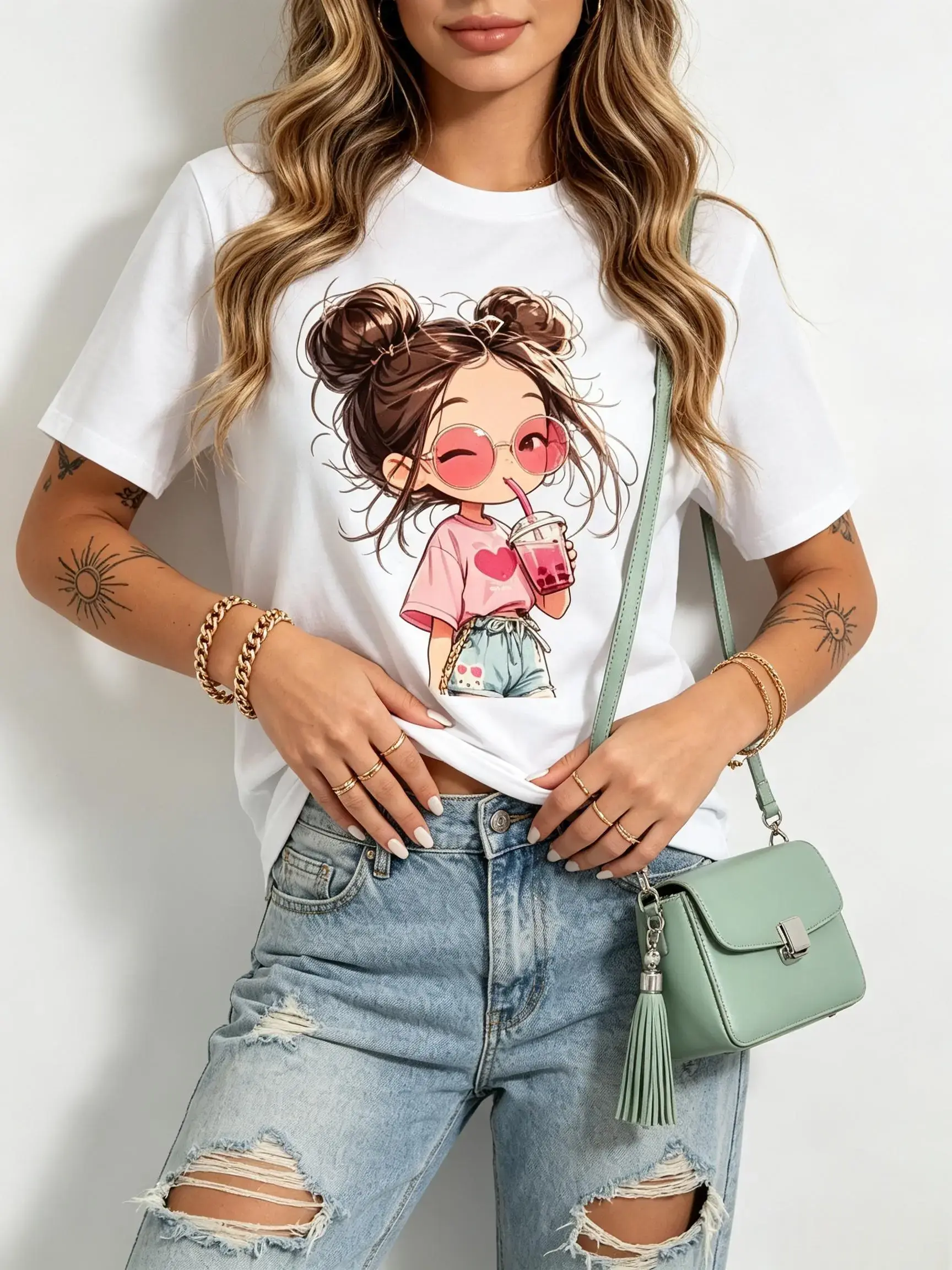 Women's Y2K Coquette Oversized Short-Sleeve Round Neck Pastel Pink Bubble Tea Girl Graphic T-Shirt - Kawaii Aesthetic Fabric Clothes, Trendy Casual Top, All Sizes Viral TikTok Fashion Pick