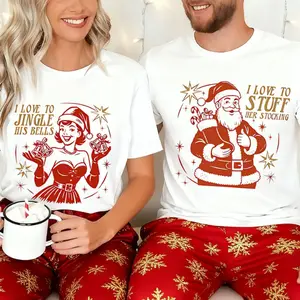 Vintage Christmas Couple Matching T-shirt _I Love to Jingle_Stuff_ Themed Tee, Retro Couple Christmas T-Shirts,Couple Shirt Xmas Gift Retro Santa Inspired Outfit Crewneck Shortsleeve Clothes Suits for Festive Occasions