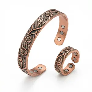 Nandudu Magnetic Copper Bracelet and Ring Set for Women Engraved Floral Design Adjustable Open Cuff Ideal for Couples or Matching Gifts Pure Copper Material with Magnetic Therapy Support