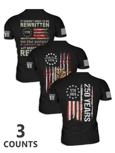 Men's Summer Three-Piece Set Round Neck Short Sleeve Fitted T-Shirt, Vintage, American Independence Day 250th Anniversary, Casual Military Style