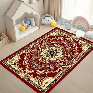 Classic Red Floral Medallion Flannel Area Rug - Vintage Oriental Print Soft Mat for Living Room & Bedroom, Non-Slip Traditional Home Decor #ClassicFloralRug #RedMedallionMat #TraditionalHomeDecor #OrientalVintageCarpet #NonSlipFlannelRug