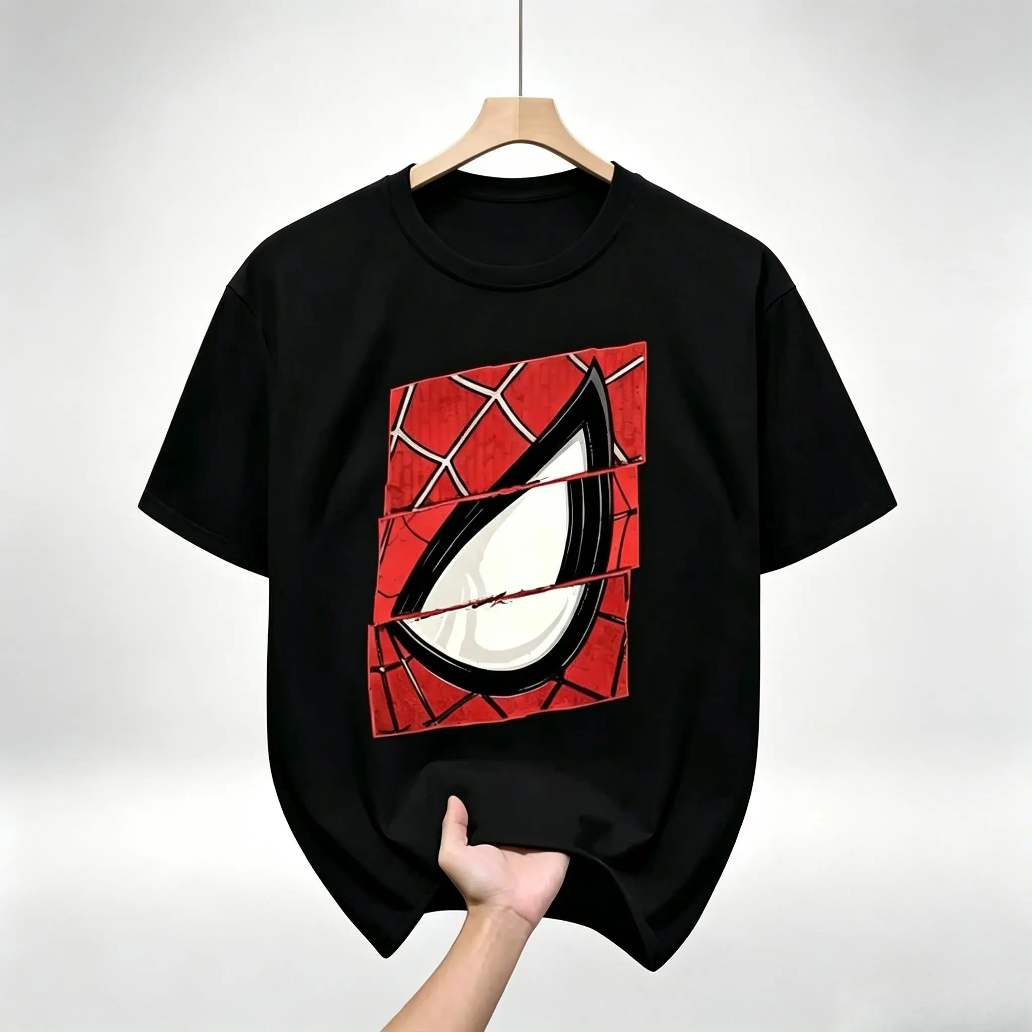 Men Women Vintage Black Crew Neck T-Shirt, Distressed Split Spider-Man Eye Spider Web Graphic Print Casual Cotton Short Sleeve Tee