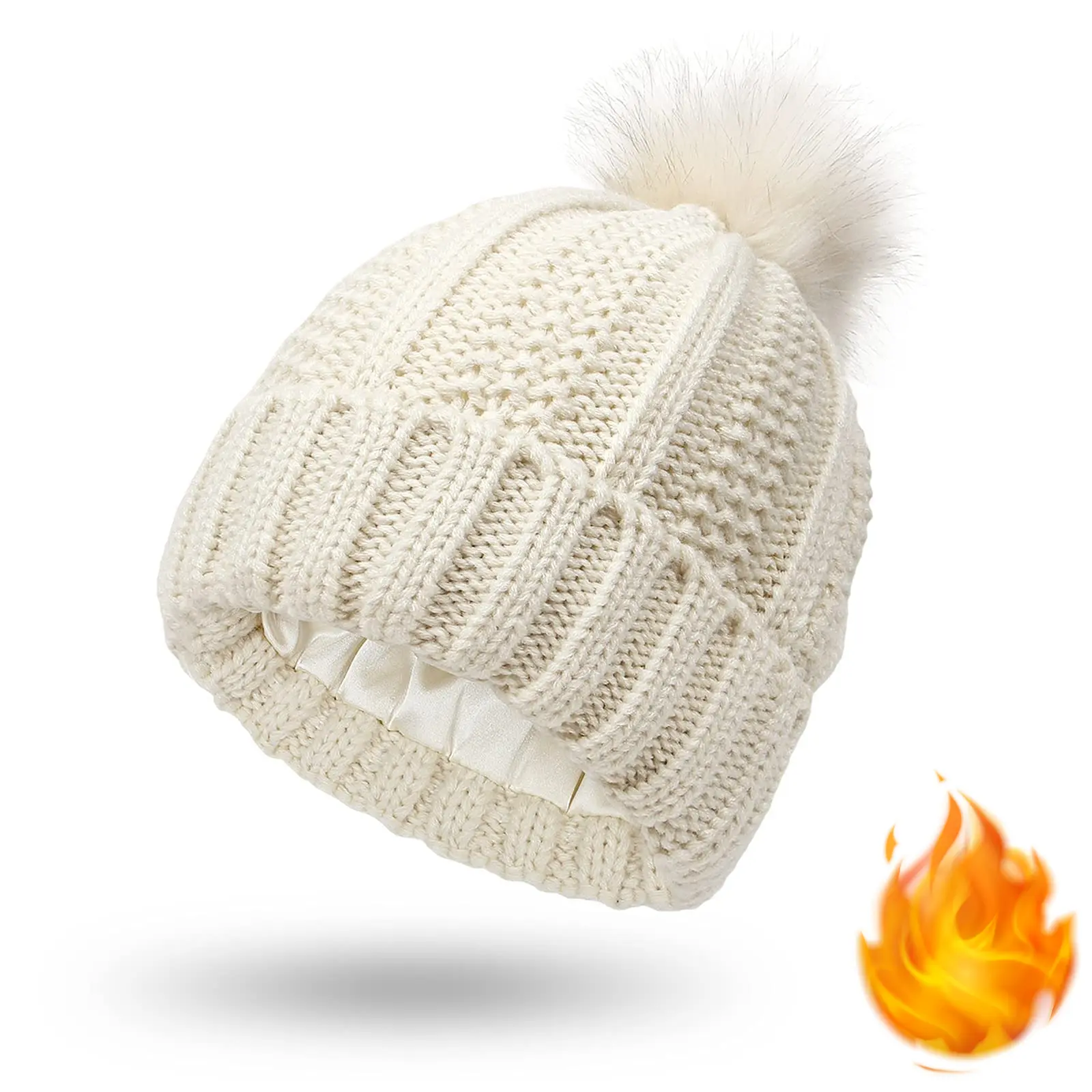 Cozy Women’s Winter Beanie Hat - Satin Lined Slouchy Knit Beanie with Pom Pom - Soft Warm Cable Knit Snow Bonnet for Outdoor Sports, Skiing, Fishing