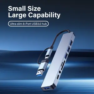 Aluminum Alloy 8-Port USB Hub with USB 3.0, 3x USB 2.0, USB-C, SD/TF Card Reader & Audio Jack - High-Speed Expansion Dock for MacBook Pro, iMac, for iPad Pro, Laptops - Compact Portable USB-Powered Hub with Plug & Play Setup