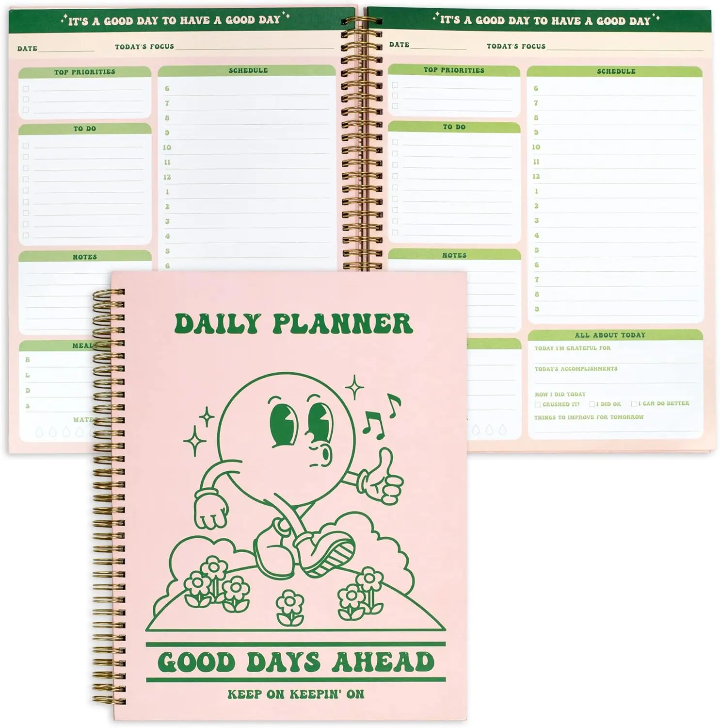 Cute Planner Undated Notebook, A4 Large Hardcover Spiral Schedule Retro Notebook, Aesthetic Daily for Students Girls Teens , Pink, Green (8.5x11)