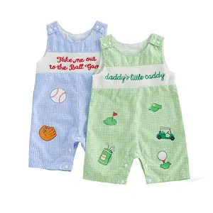 Infant Baby Boy Plaid Romper Smocked Overalls Letter Embroidery Golf/Baseball Print Sleeveless Jumpsuit 0-18 Months
