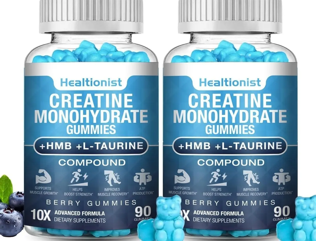 2 Pack 8000MG Creatine HMB Monohydrate Gummies for Men & Women,L-Carnitine, L-Taurine & Vitamin B6 12, 180 Blueberry Flavor Counts Supplement Gummies (60-Day Supply)