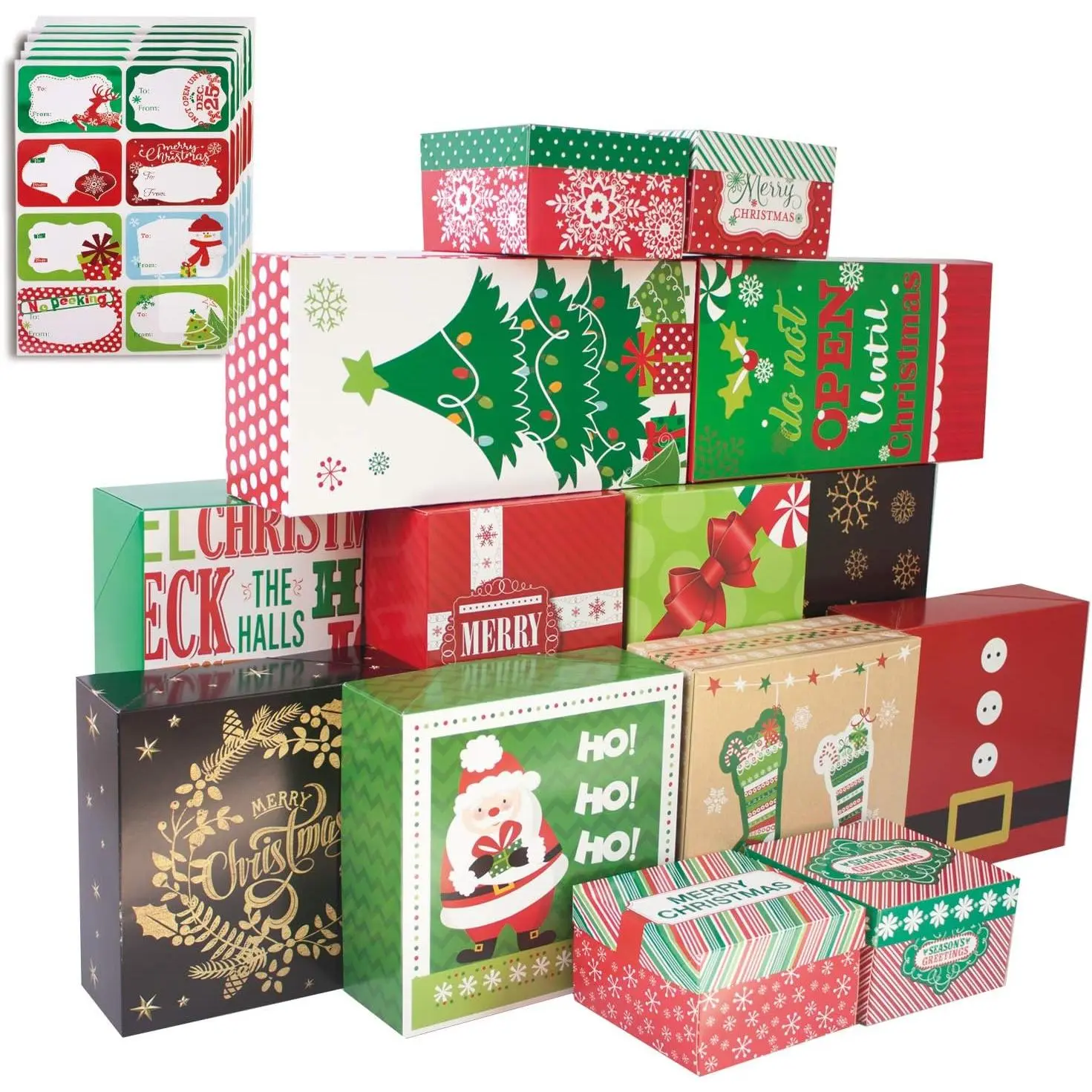 party funny 14 Decorative Christmas Gift Boxes with Lids and 80-Count Foil Christmas Gift Tag Stickers (Assorted size, 6 Rectangle, 4 Square, 4 Small Square)