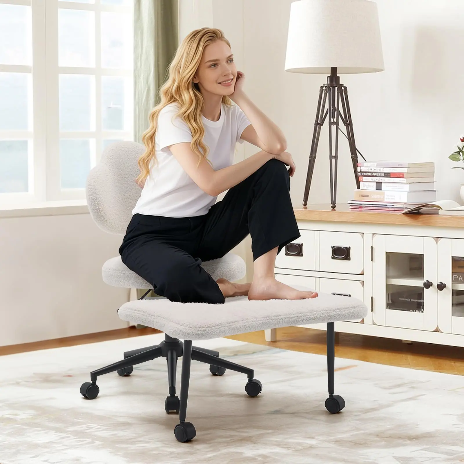 Garvee Ergonomic Armless Criss-Cross Office Chair - 360° Swivel Kneeling Chair with Wheels, Metal Frame, Height Adjust, Lumbar Support, Teddy Fabric, White (for Meditation, ADHD)
