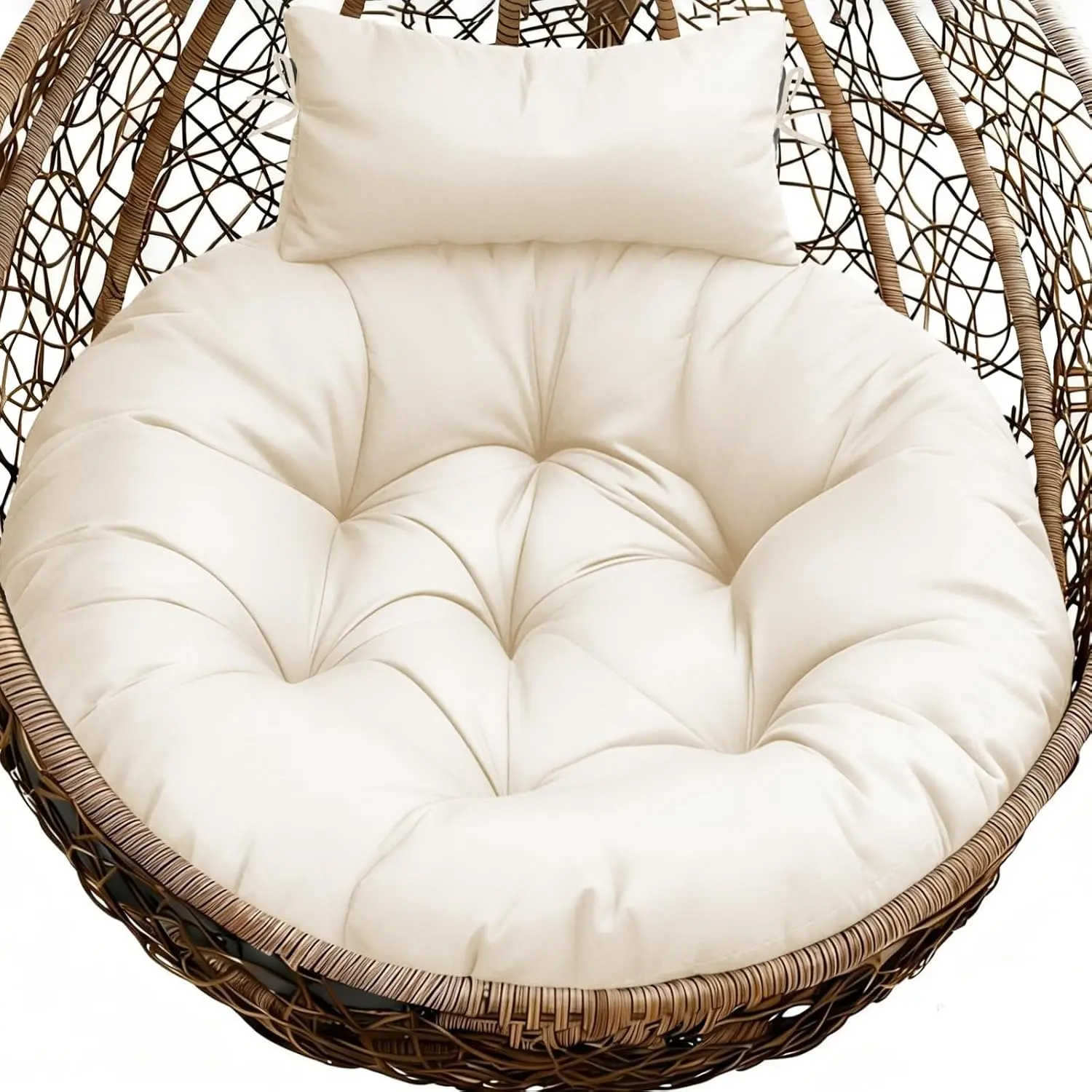 Outdoor 45" Round Egg Chair Cushion Replacement Waterproof Cream| Thicken Pad with Headrest Pillow, Hanging Swing Wicker Egg Chair Cushions, Suitable for Garden Office