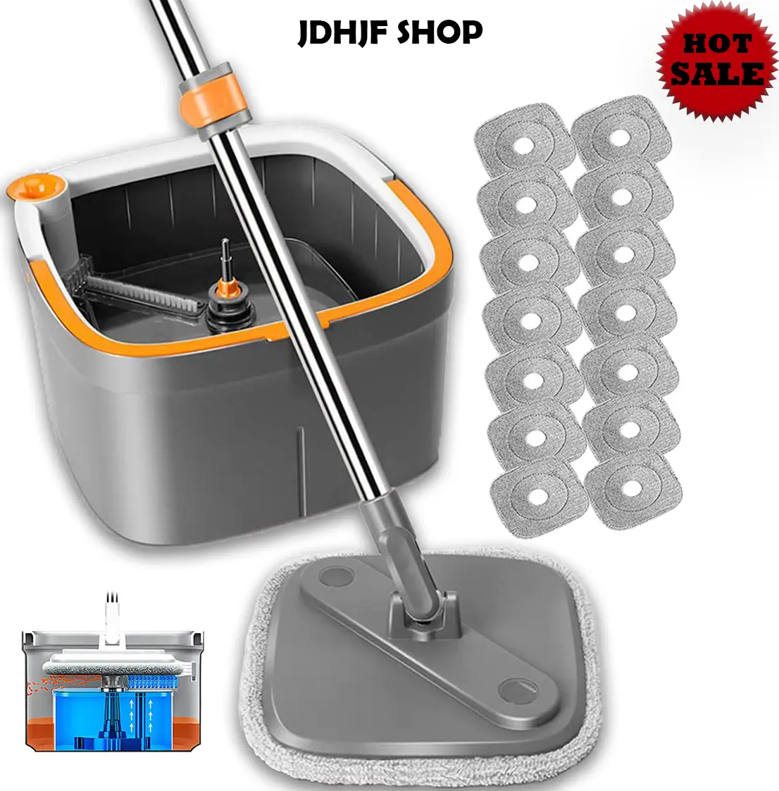 Square Spinning Mop and Bucket Set, with Dirty&Clean Water Separation System,Self Wringing 360° Rotating Mop-Head With Turbo Flushing Bucket, Suitable