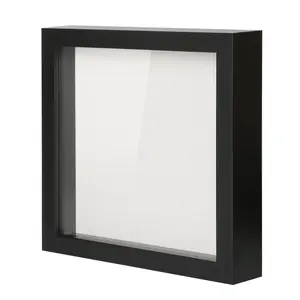 8x8 Shadow Box Picture Frame with Linen Board - Deep Wood & Glass Display Case Ready to Hang Memory Box Baby Sports Memorabilia, Pins, Awards, Medals, Wedding, Tickets and Photos (Black) Decor Mdf