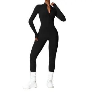 Women's Solid Zip Up Skiing Jumpsuit, Casual Sporty Long Sleeve thermal Quick-Dry Jumpsuit for Skiing Cycling, Ladies Sportswear for Fall & Winter, Yoga Gym Workout Running Wear, 3D Structural Seam Design