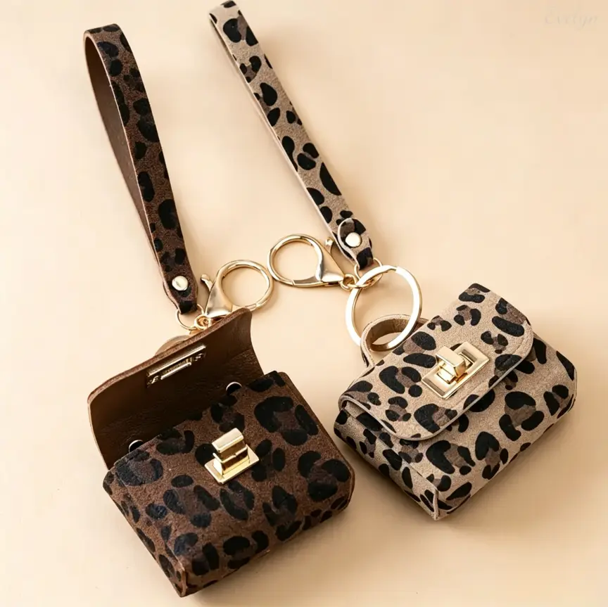 Leopard Print Mini Earbud Case - Durable PU Leather Detachable Keychain Bag with Twist Lock, Everyday Carry Pouch for AirPods & Small Accessories, Leopard Bold Style, Compact Shape, Secure Clip, Keychain Pouch, Secure Closure, Coins, Scratch Resis.