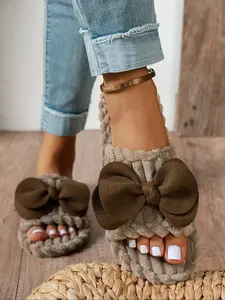 Sweet Bowknot Women's Comfortable Low Heel Slide Slippers Rubber, Perfect for Home Use, Simple and Elegant Design, Ideal for Casual Wear