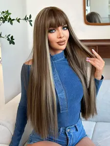 26 Inch Piano&balayage Long Straight Wig for Women - Elegant Fluffy Wig with Neat Bangs, Premium Silky Synthetic Heat Resistant Fiber Fake Hair for Daily Wear, Office or Music Festivals Celebrations Special Use. Synthetic Material Wigs Gift Wig ac
