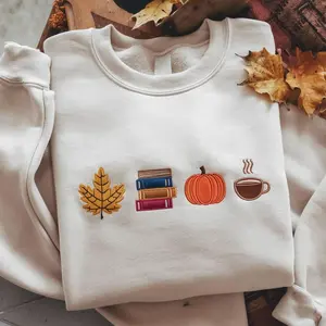 Cozy Autumn Embroidered Sweatshirt, Autumn Leaf Embroidered Crewneck Sweatshirt, Autumn Sweatshirt, Thanksgiving, Autumn Embroidered Shirt