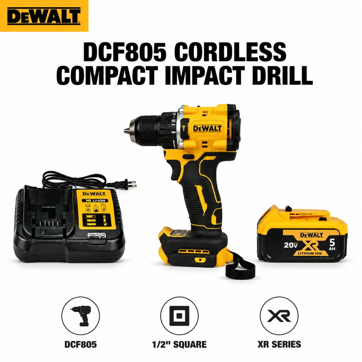 DEWALT DCF805 20V MAX 1/2 Inch Cordless Hammer Drill Kit with Battery for Masonry Wall Anchor Drilling, 3 in 1 Power Tool Features 34000 BPM Impact Output Designed for Tight Space Wood Screw Tasks