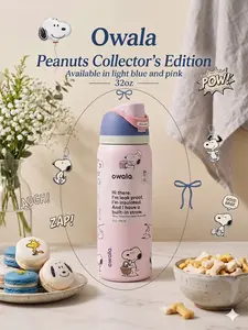 Owala FreeSip 32oz Soft Pink & Pastel Lavender Collector Edition Bottle – Insulated Tumbler with Cute Character Print