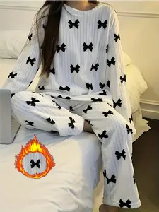Women's Plush Pajama Set, Bowknot Print Round Neck Sleepwear, Soft Thick Home Clothes, Casual Loose Fit, Spring & Fall Pjs