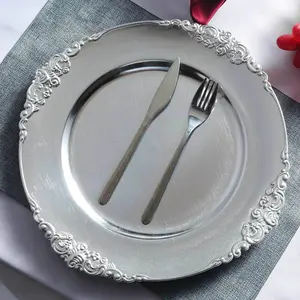 6-Pack Acrylic Round Charger Plates 13" in Silver with Embossed Baroque Rim, Antique Decorative Dinner Party Charger Tableware