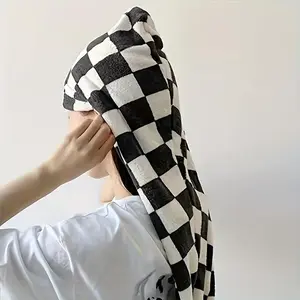 Checked Pattern Hair Drying Towel, Soft Absorbent Thickened Hair Towel with Random Color Button, Hair Towel Wrap for Women & Girls, Microfiber Towel, Hair Turban Towel