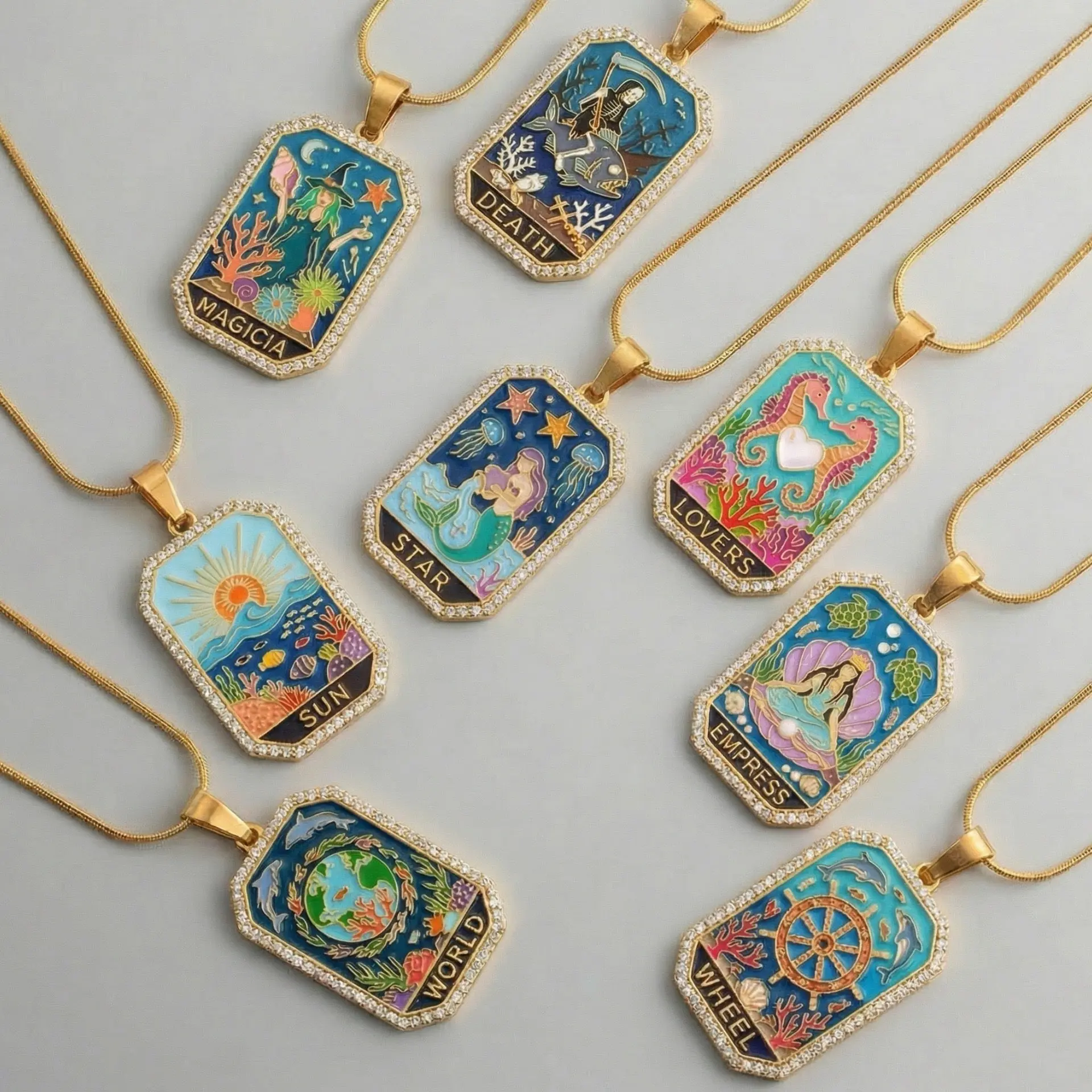 Mystical Tarot Card Pendant Necklace - Lightweight Gold-Tone Jewelry with Sea Themes, Crystal Accents - Unisex Oceancore Accessory for Birthday Gifting, Best Friends, Adults, Astrology & Mysticism Fans, Beach Lovers