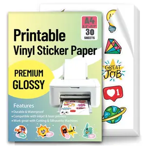20/30/40 Sheets A4 Glossy Vinyl Sticker Sheets 8.3 x 11.7 inch Self-adhesive Waterproof Label Compatible with Inkjet & Laser Printers
