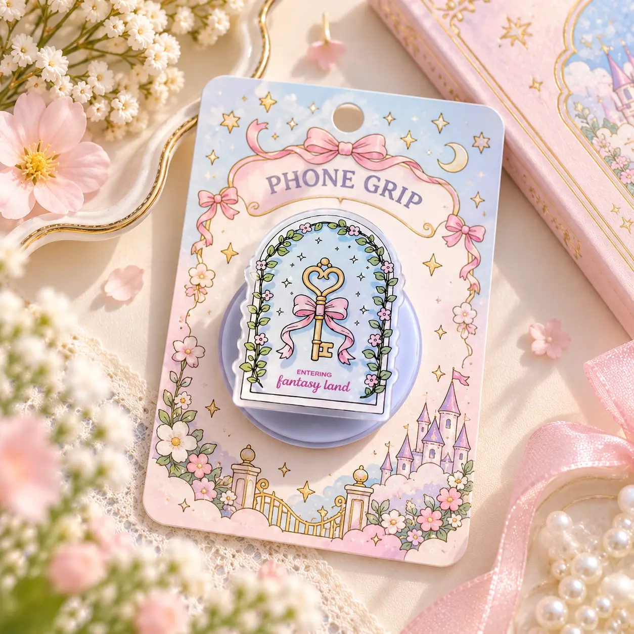 Fantasy Key Phone Grip, Pink Bow and Heart Key Design, Magical Fairytale Phone Holder, Pastel Floral Aesthetic Phone Stand, Gift for Fantasy Lovers