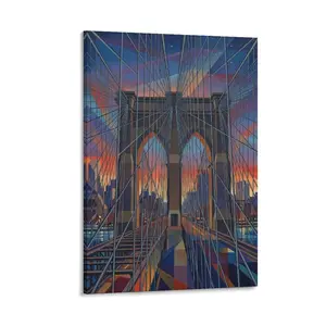 1pc Frameless Printed Geometric Brooklyn Bridge Canvas Art, Vibrant Sunset Colors, Modern Wall Decor for Living Room Bedroom Office, Home Decoration