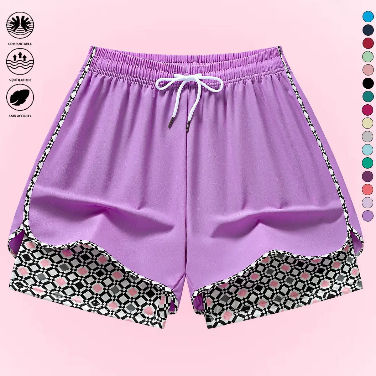 Women’s athletic shorts featuring an elastic waistband and lining; faux two-piece design suitable for outdoor workouts and everyday wear; women’s shorts, summer shorts, womenswear