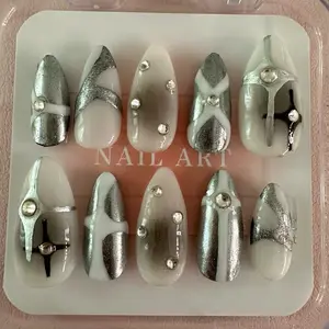 Long almond silver press ons