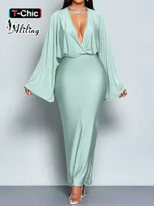 Women's Elegant Chic Long Dress, Deep V Neck Slim Fit Plain Design, All-Season Wearable Fashion, Perfect for Daily, Special Occasions & Formal Wear, Womenswear Elegance, Lady