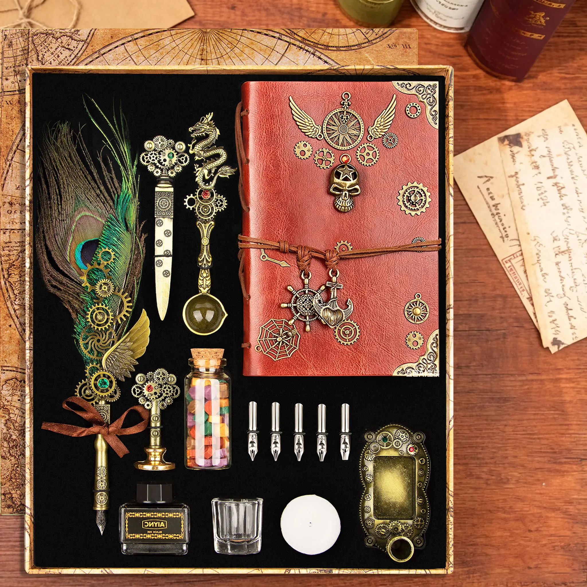 Vintage Steampunk Peacock Feather Quill Pen Set - Retro Office Stationery Calligraphy Kit with Leather Journal, Wax Seal Stamp, Color Ink, Antique Dip Pen Gift Box for Writers, Holiday Presents