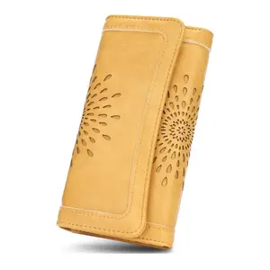 Womens Wallets RFID Blocking Leather Clutch Long Wallet for Women Card Holder Phone Organizer Ladies Travel Purse Hollow Out Sunflower Design Gift