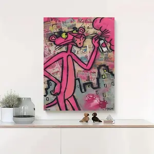 Street Art Graffiti Wall Decor, Canvas Print of Pink Panther with Spray Can Element, Trendy Art for Modern Home Decoration Poster Manga