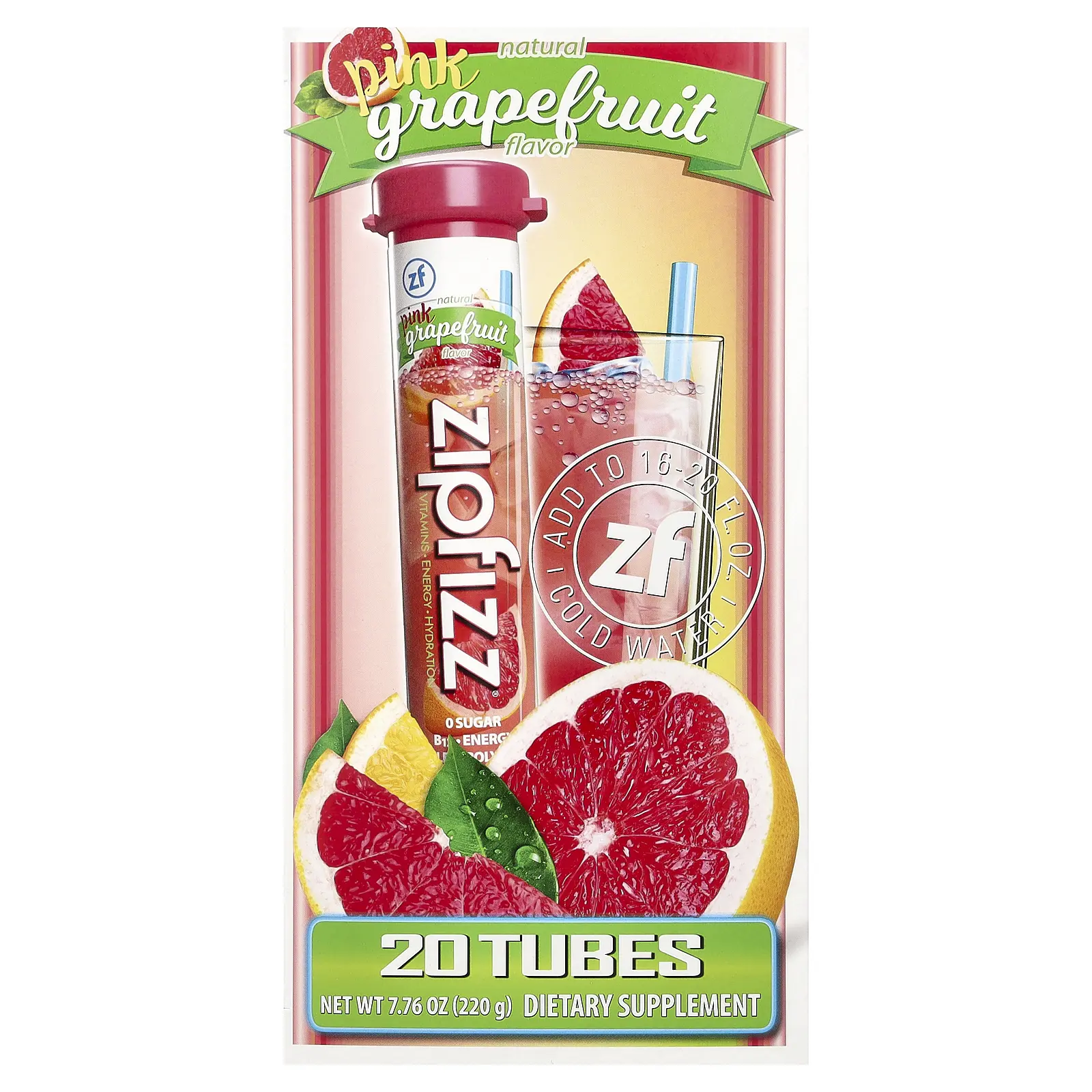 Zipfizz Energy Drink Mix, Pink Grapefruit, 20 Tubes, 0.39 oz (11 g) Each