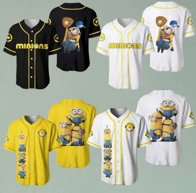 Minions Inspired Baseball Jersey, Yellow Cartoon Family Baseball Shirt, Funny Movie Character Sports Streetwear Fan Outfit Gift for Family #baseballjersey #minionsstyle #cartoonshirt