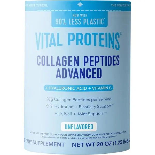 Vital Proteins Advanced Collagen Peptides Powder with Hyaluronic Acid & Vitamin C, 20oz Grass-Fed Bovine Supplement, Unflavored, Paleo Friendly, Skin Support, 27 Servings