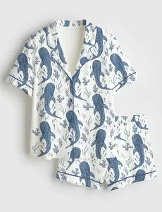 Whale Shark Beachy Short Sleeve Satin Pajama Set, Shark Print, Short Sleeve Satin PJs, Shark Sleepwear, Unique PJs with Design, Summer Sleepwear, Matching Family Sleepwear Set, Pajama Set For Men Women Kids