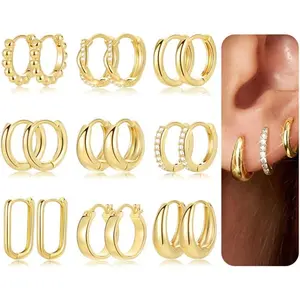 9 Pairs Small Gold/Silver Hoop Huggie Earrings Set for Women, 14K Gold Plated Chunky Hoop Small Earring Hypoallergenic Thick Open Lightweight Chunky Hoop Earrings Jewelry for Gifts